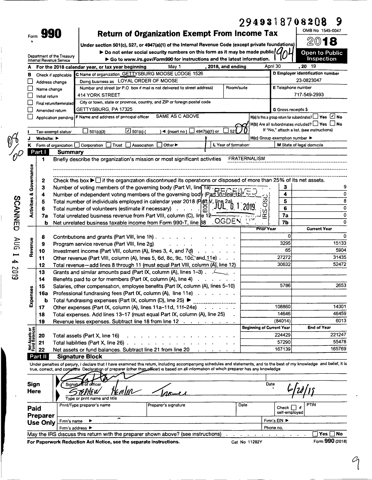 Image of first page of 2018 Form 990O for Loyal Order OF Moose - Gettysburg LODGE NO 1526 Loyal Order OF Moose
