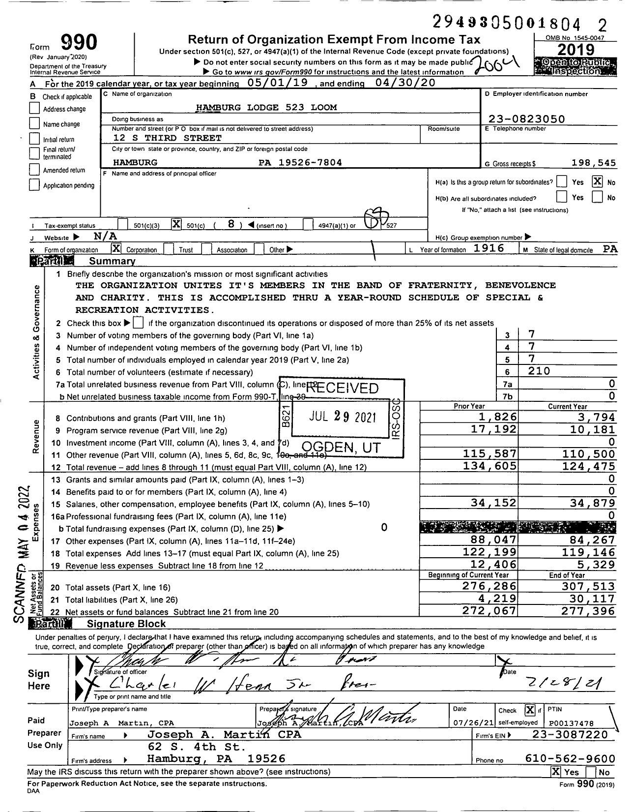 Image of first page of 2019 Form 990O for Hamburg Lodge 523 Loom