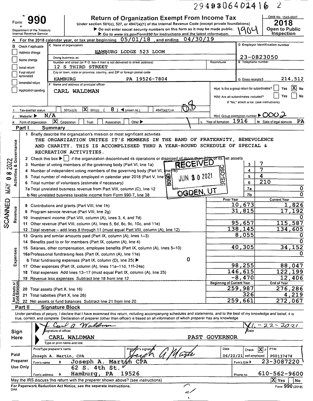 Image of first page of 2018 Form 990O for Hamburg Lodge 523 Loom