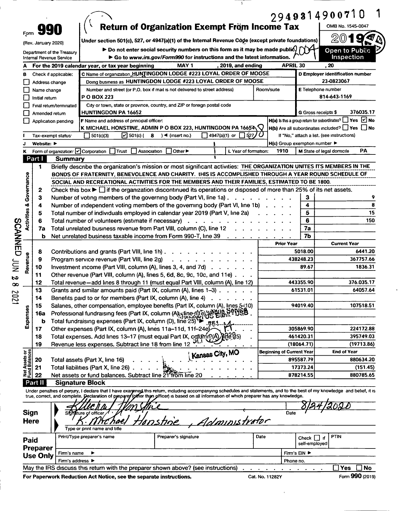 Image of first page of 2019 Form 990O for Loyal Order of Moose - 223