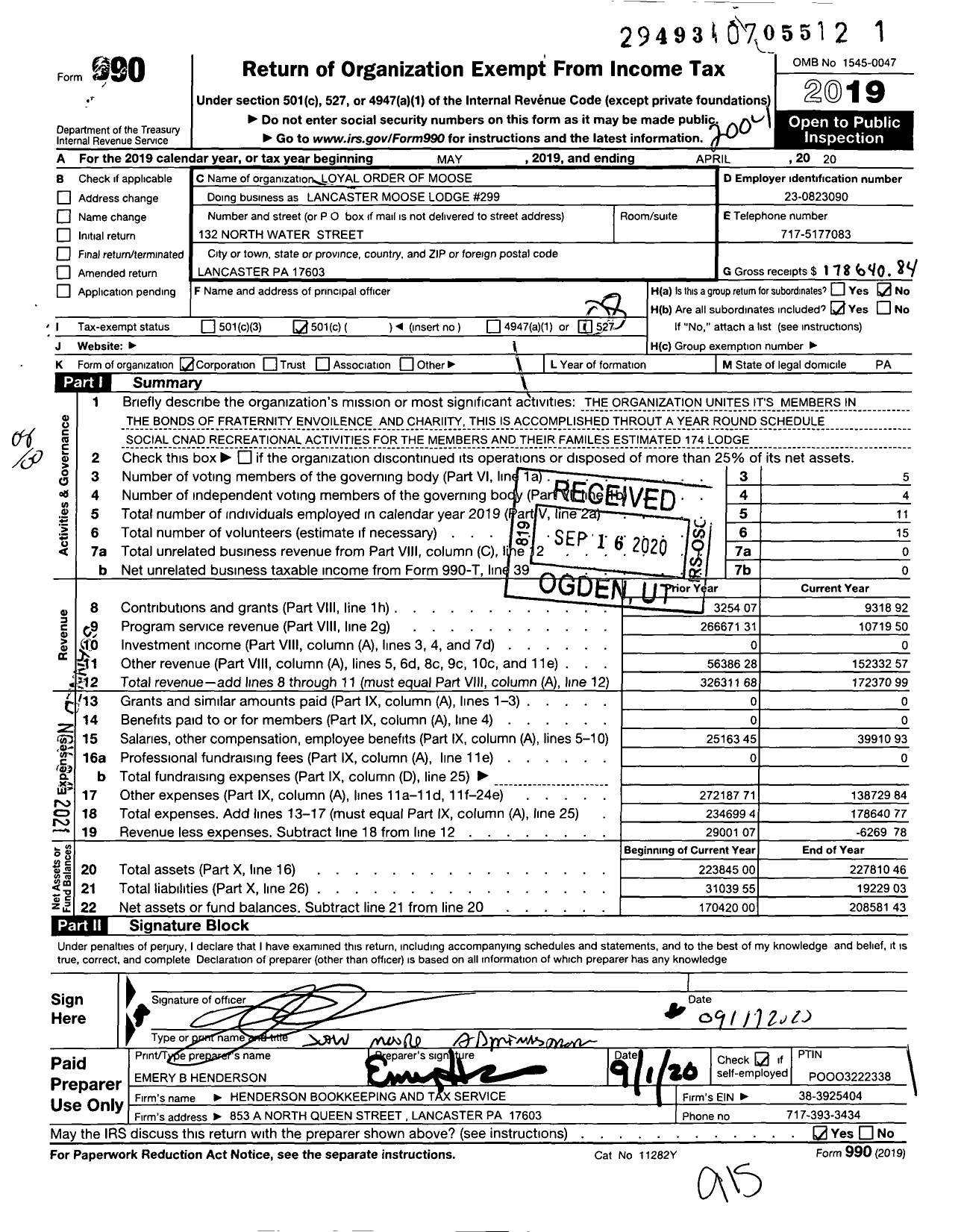 Image of first page of 2019 Form 990O for Loyal Order of Moose - Loyal Order of Moose / Lancaster Moose Lodge 299 Family Center