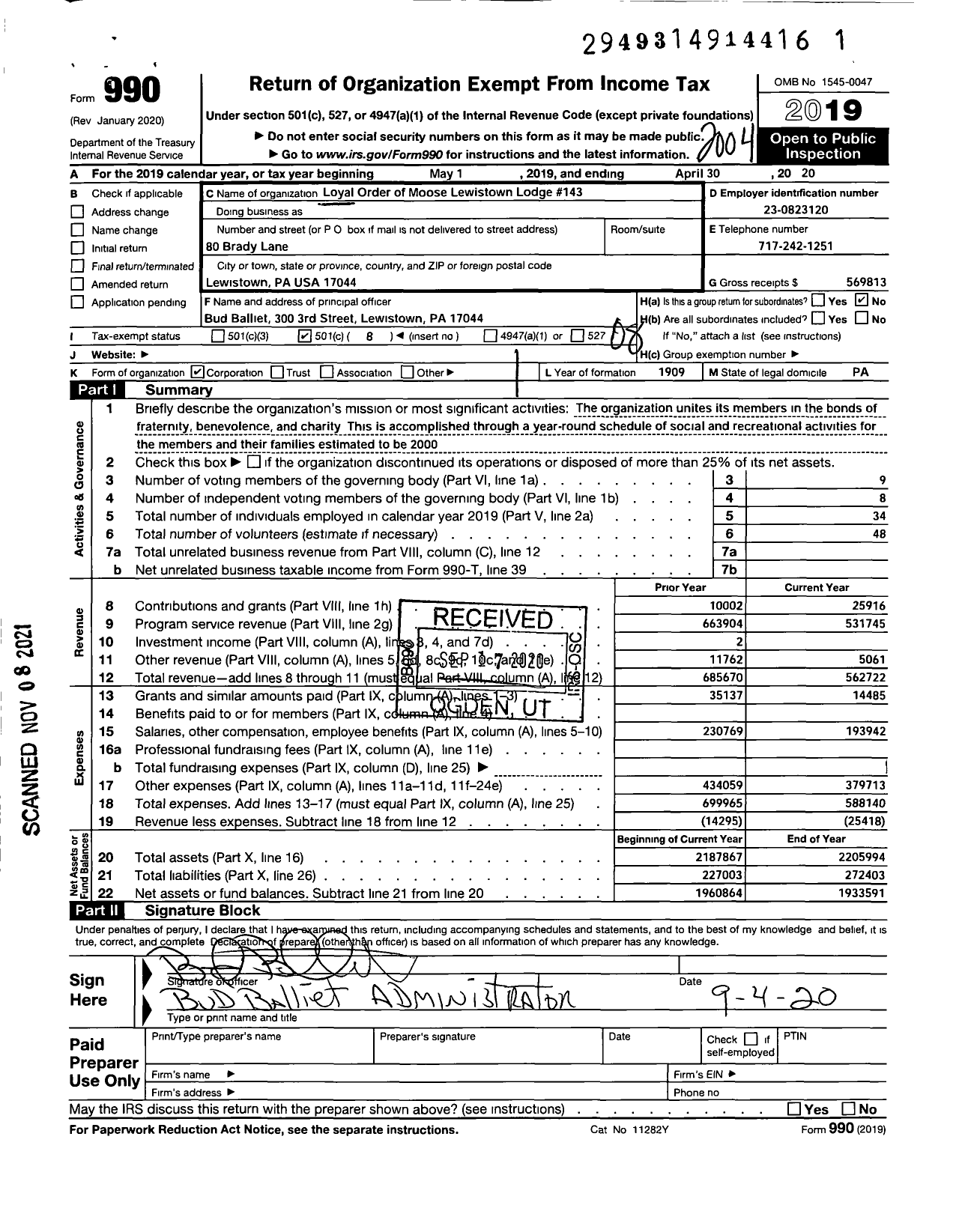 Image of first page of 2019 Form 990O for Loyal Order of Moose - 143