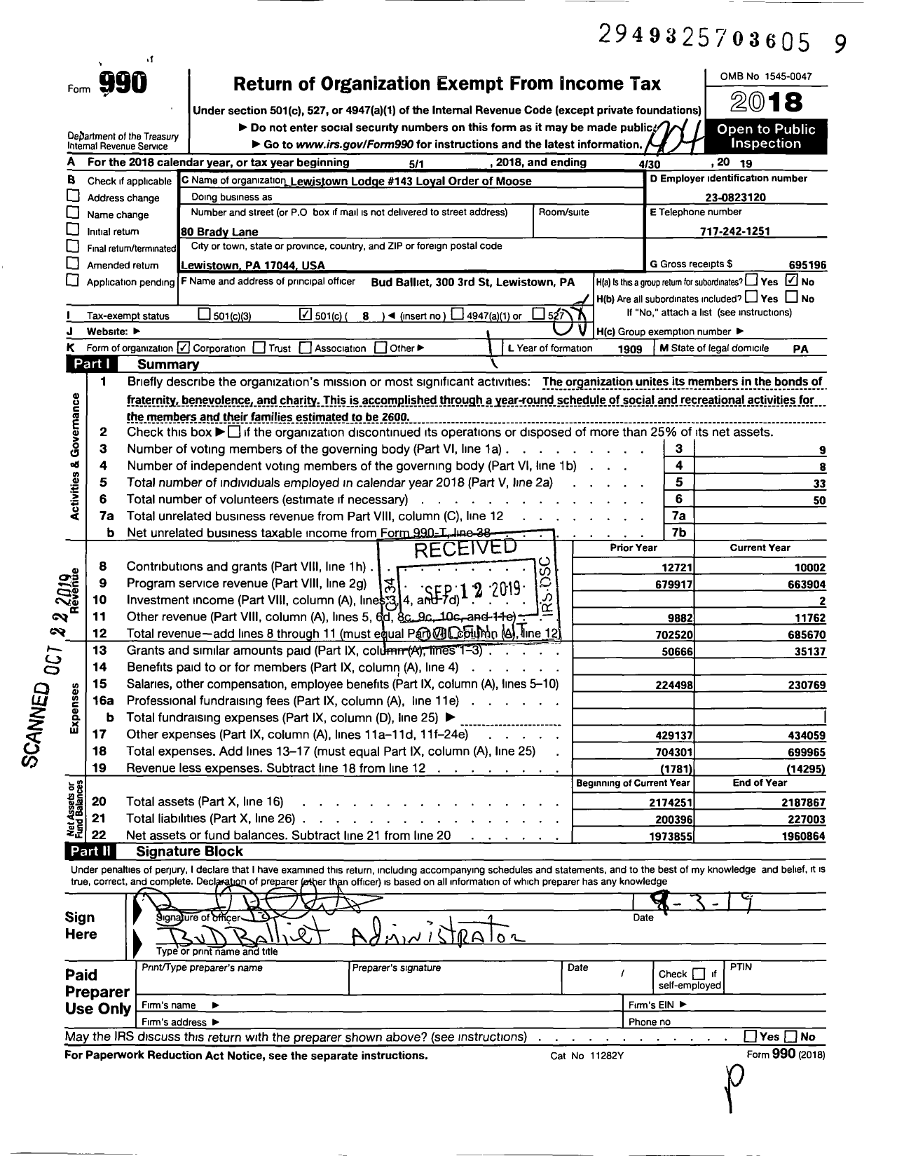 Image of first page of 2018 Form 990O for Loyal Order of Moose - 143