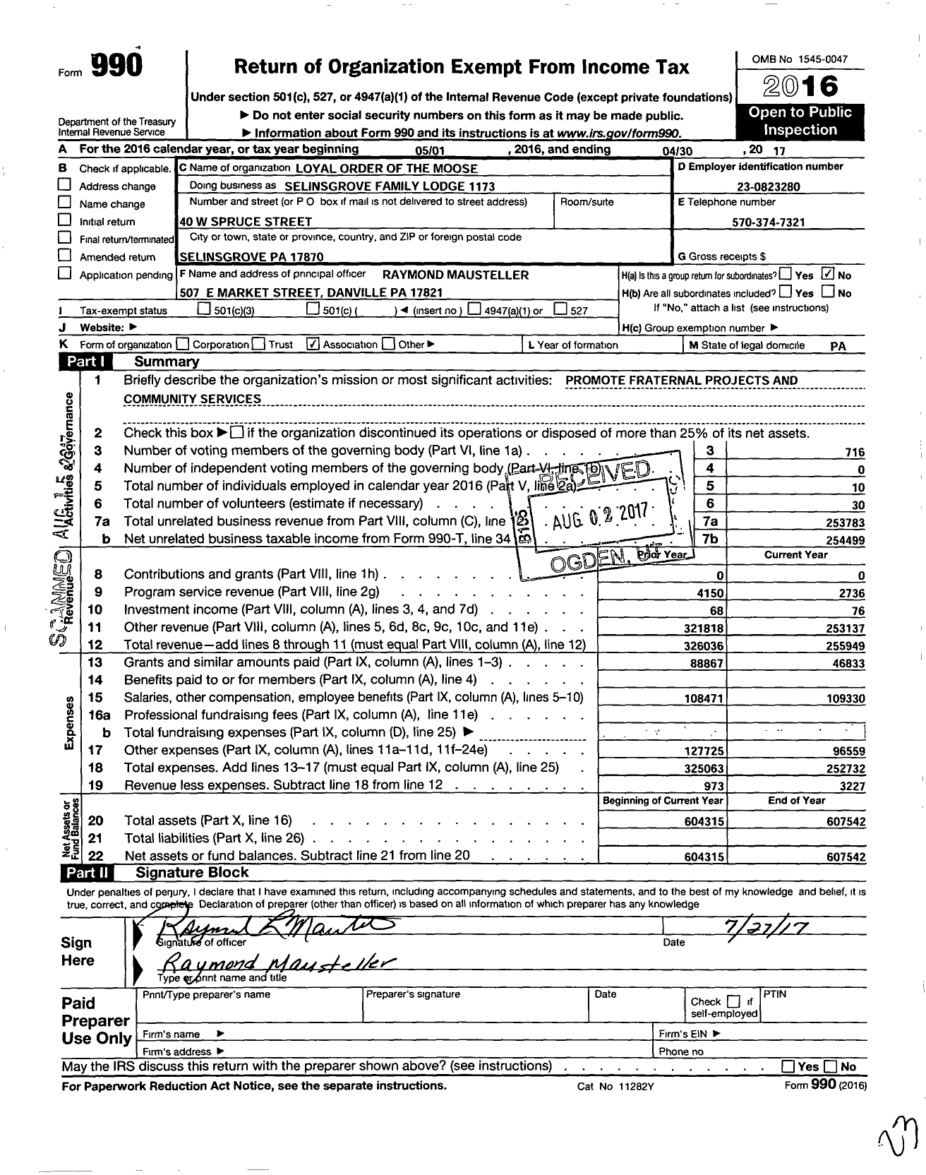 Image of first page of 2016 Form 990O for Loyal Order of Moose - Loyal Order of the Moose