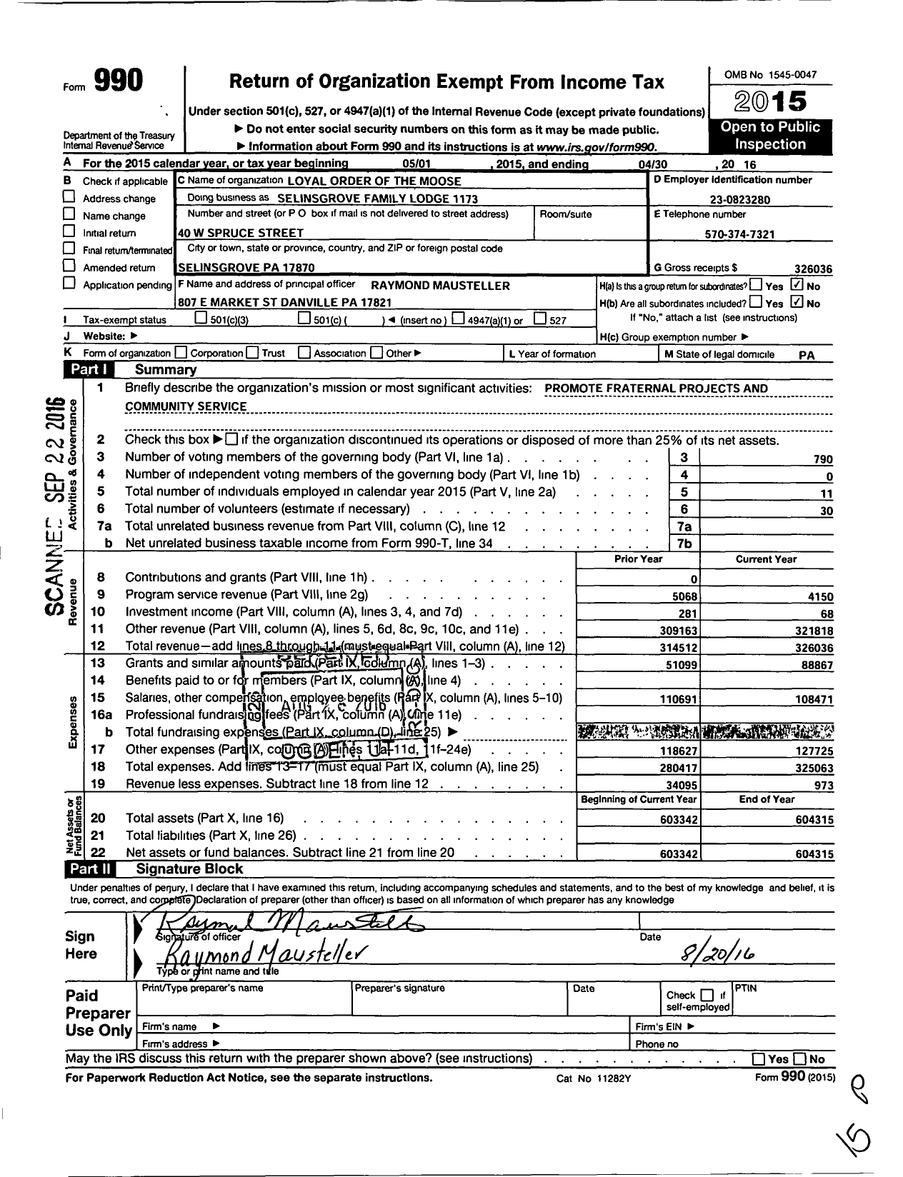 Image of first page of 2015 Form 990O for Loyal Order of Moose - Loyal Order of the Moose