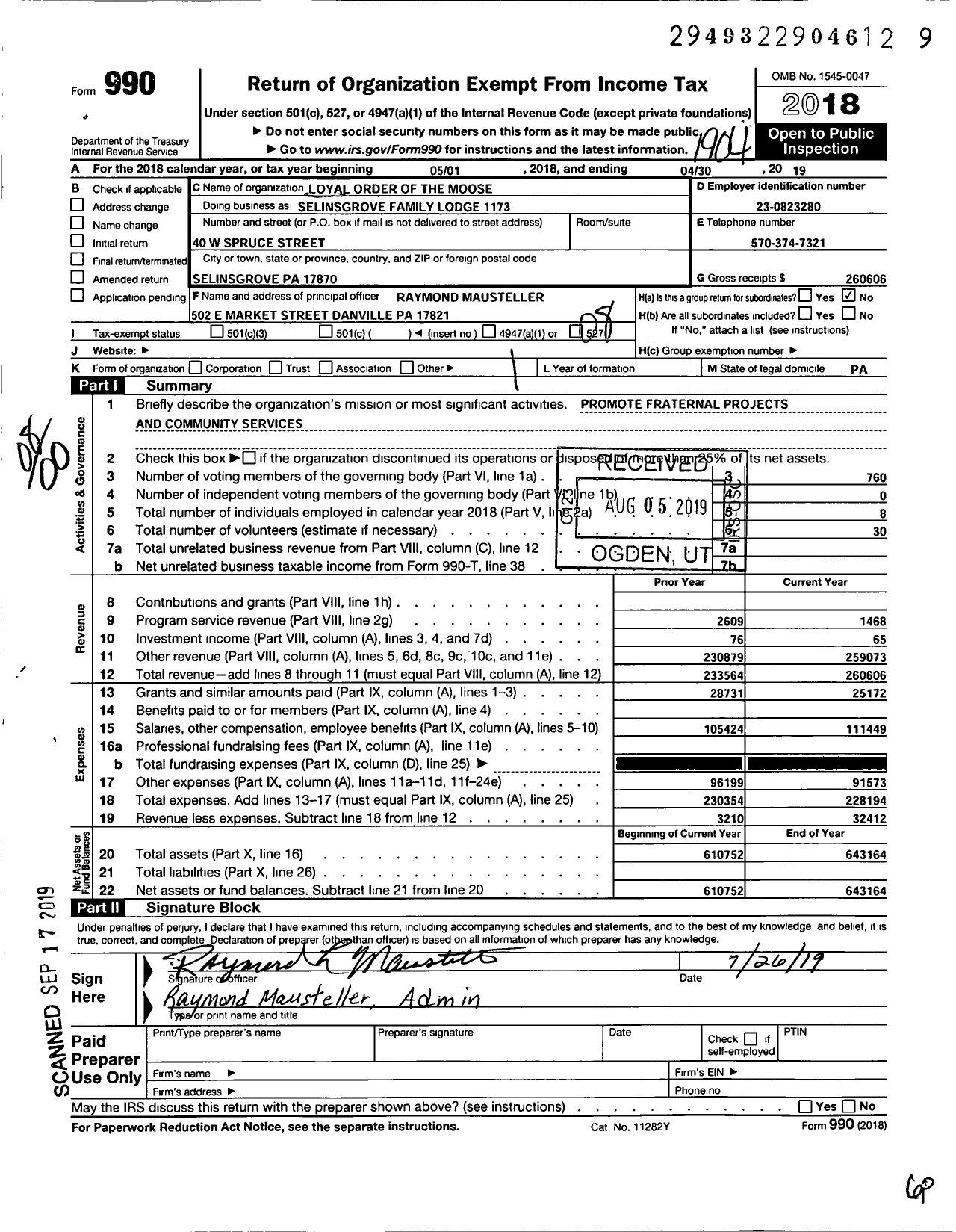 Image of first page of 2018 Form 990O for Loyal Order of Moose - Loyal Order of the Moose