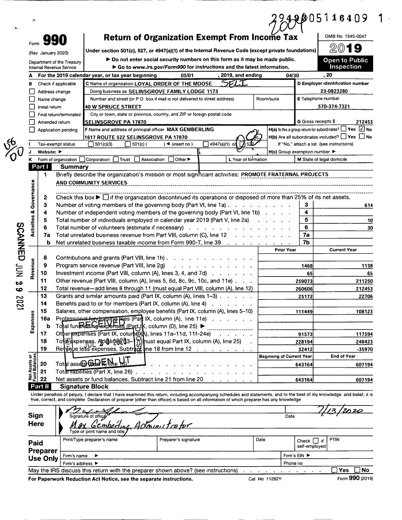 Image of first page of 2019 Form 990O for Loyal Order of Moose - Loyal Order of the Moose