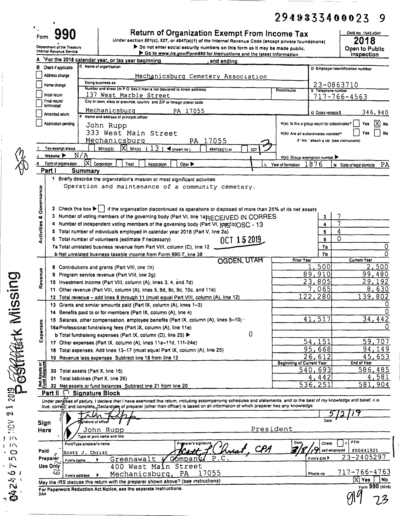 Image of first page of 2018 Form 990O for Mechanicsburg Cemetery Association