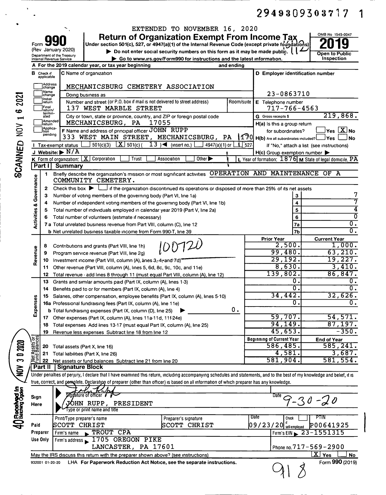 Image of first page of 2019 Form 990O for Mechanicsburg Cemetery Association