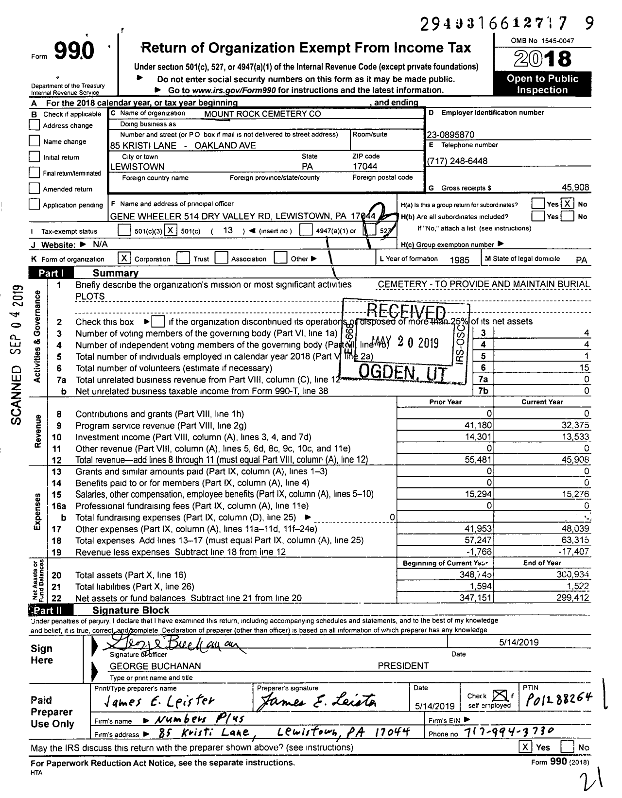 Image of first page of 2018 Form 990O for Mount Rock Cemetery Company