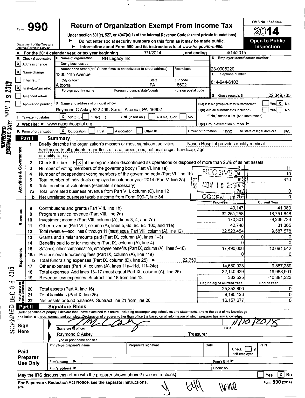 Image of first page of 2014 Form 990 for NH Legacy