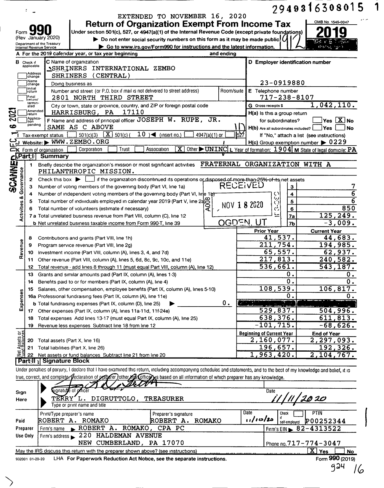 Image of first page of 2019 Form 990O for Shriners International Zembo Shriners Central