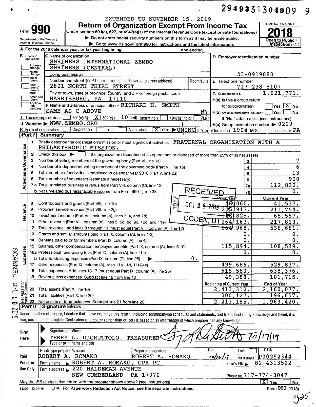 Image of first page of 2018 Form 990O for Shriners International Zembo Shriners Central