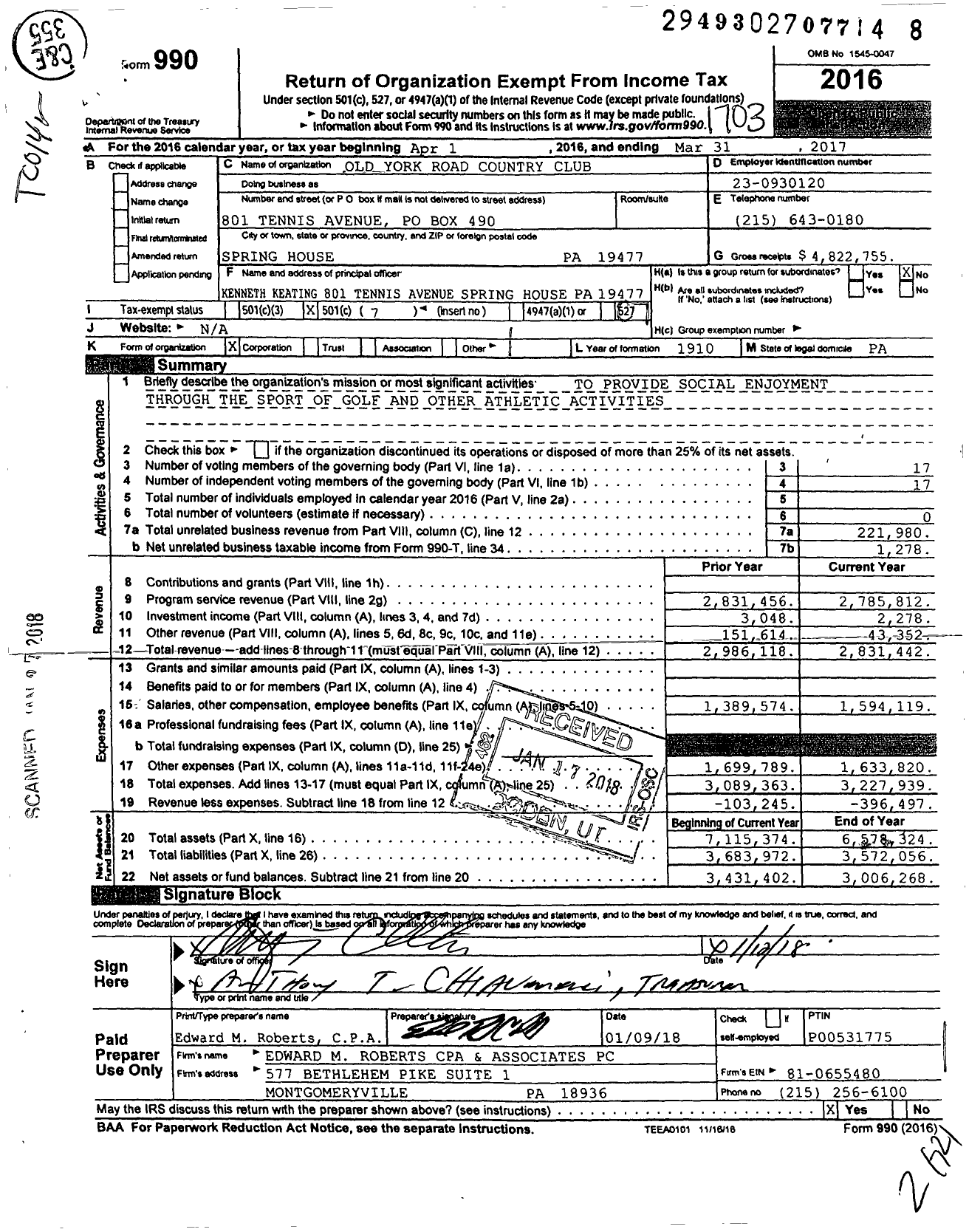 Image of first page of 2016 Form 990O for Old York Road Country Club