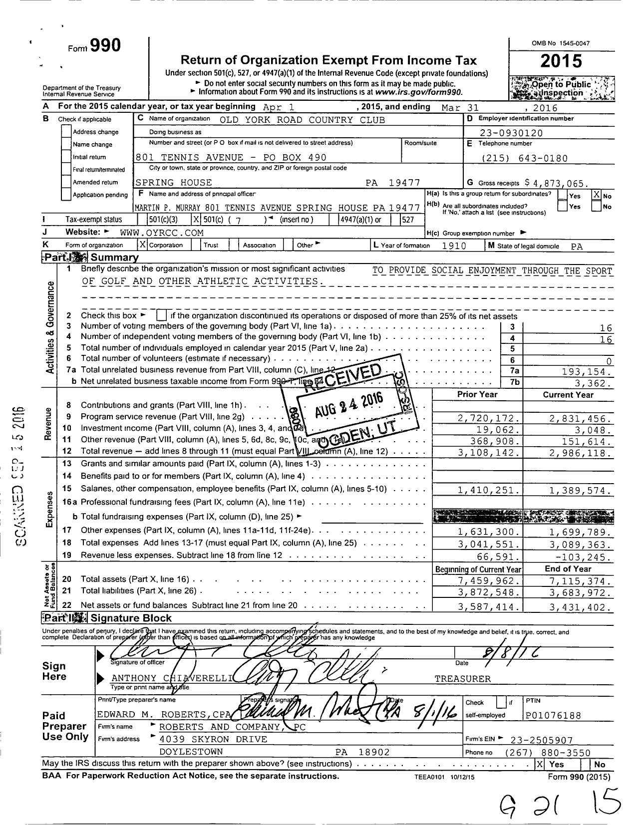 Image of first page of 2015 Form 990O for Old York Road Country Club