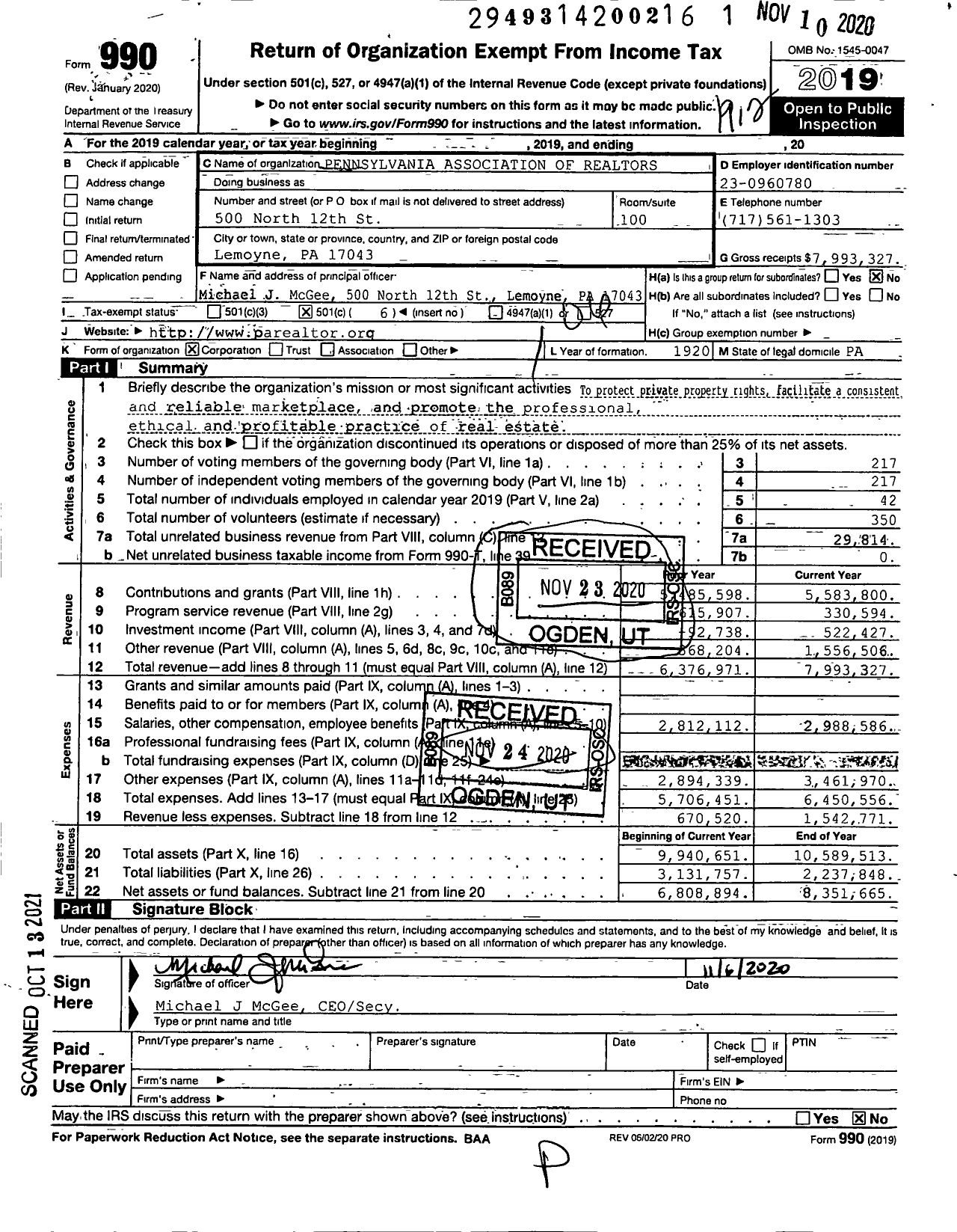 Image of first page of 2019 Form 990O for Pennsylvania Association of Realtors (PAR)