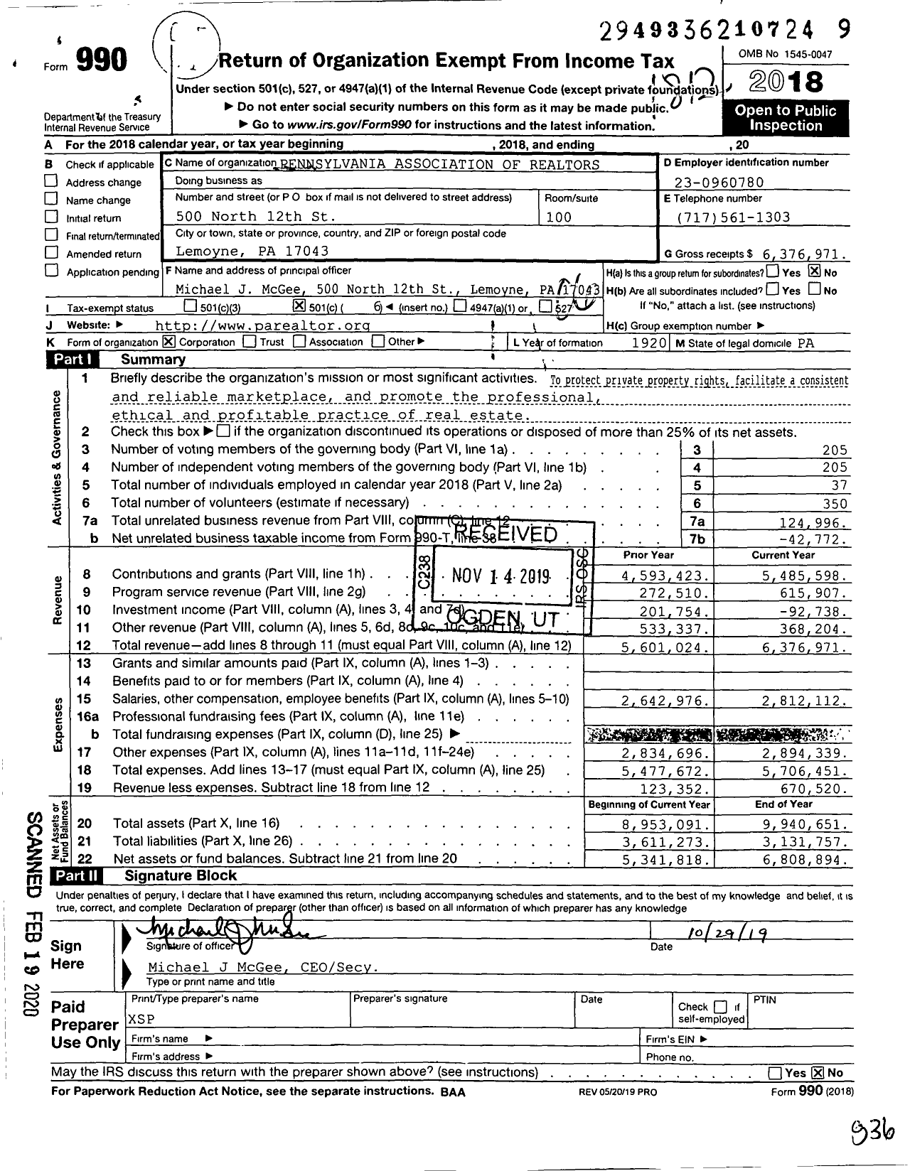 Image of first page of 2018 Form 990O for Pennsylvania Association of Realtors (PAR)