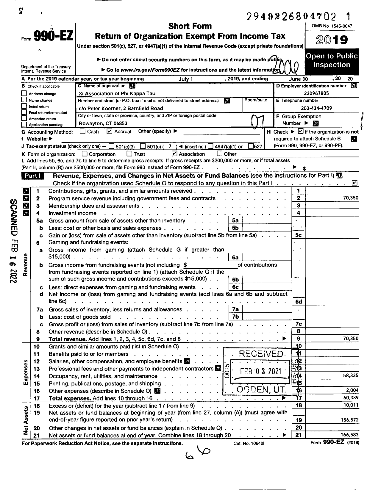 Image of first page of 2019 Form 990EO for Phi Kappa Tau Fraternity / Xi Chapter