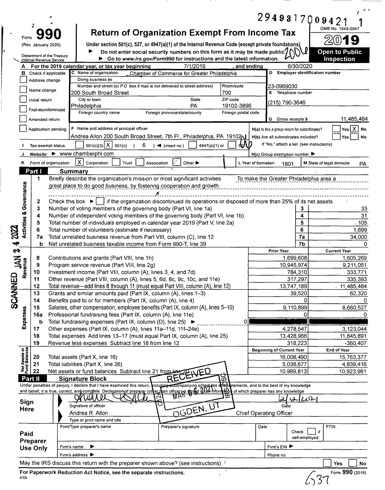 Image of first page of 2019 Form 990O for Greater Philadelphia Chamber of Commerce (GPCC)