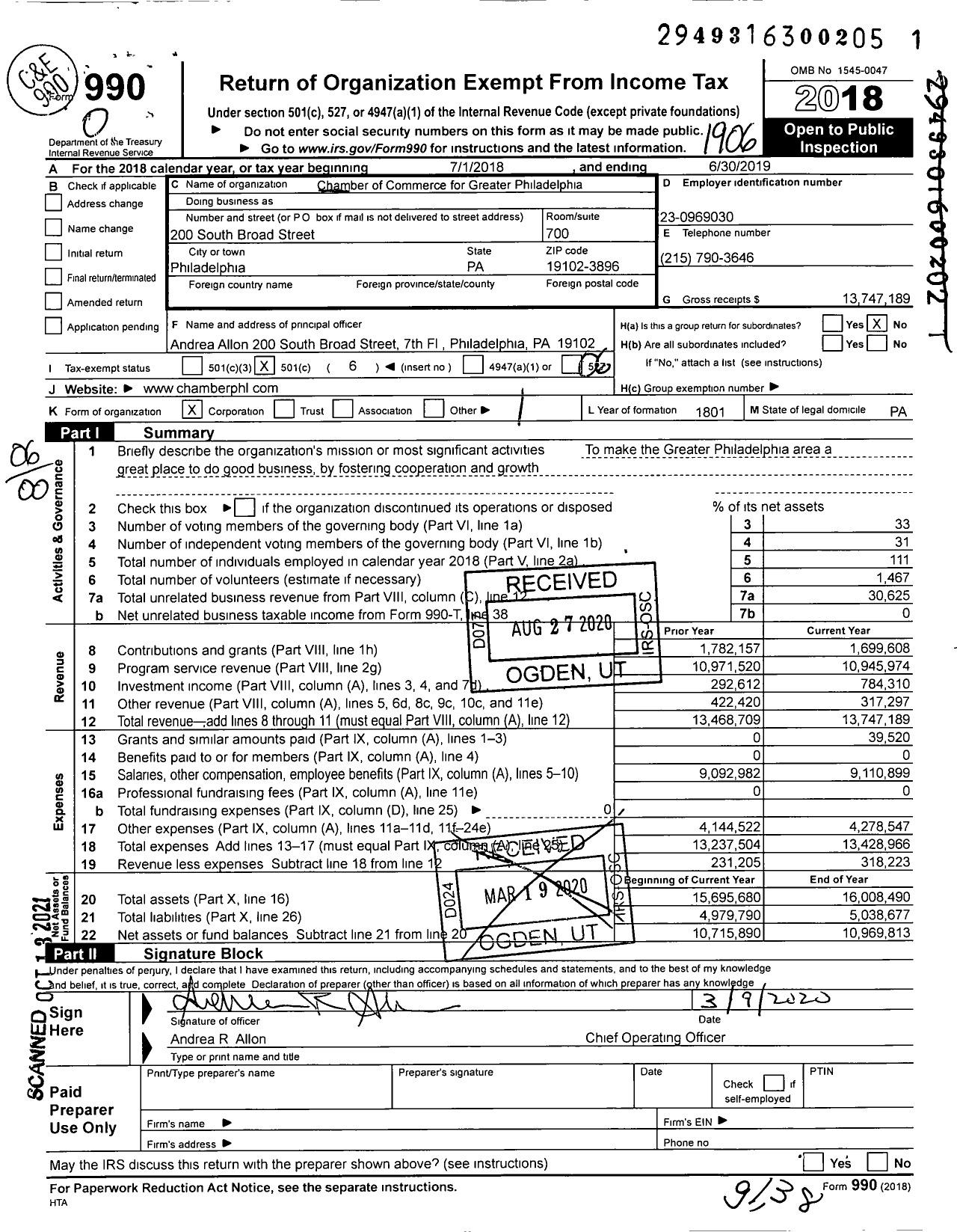 Image of first page of 2018 Form 990O for Greater Philadelphia Chamber of Commerce (GPCC)