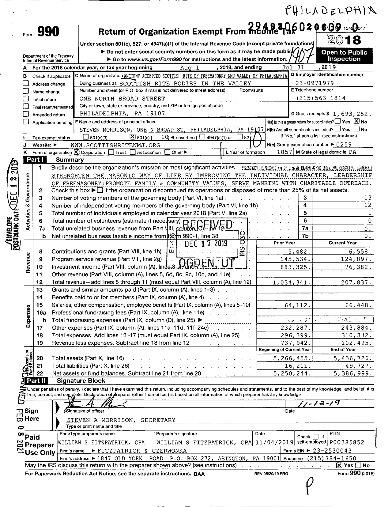 Image of first page of 2018 Form 990O for Scottish Rite, NMJ - Valley Of Philadelphia