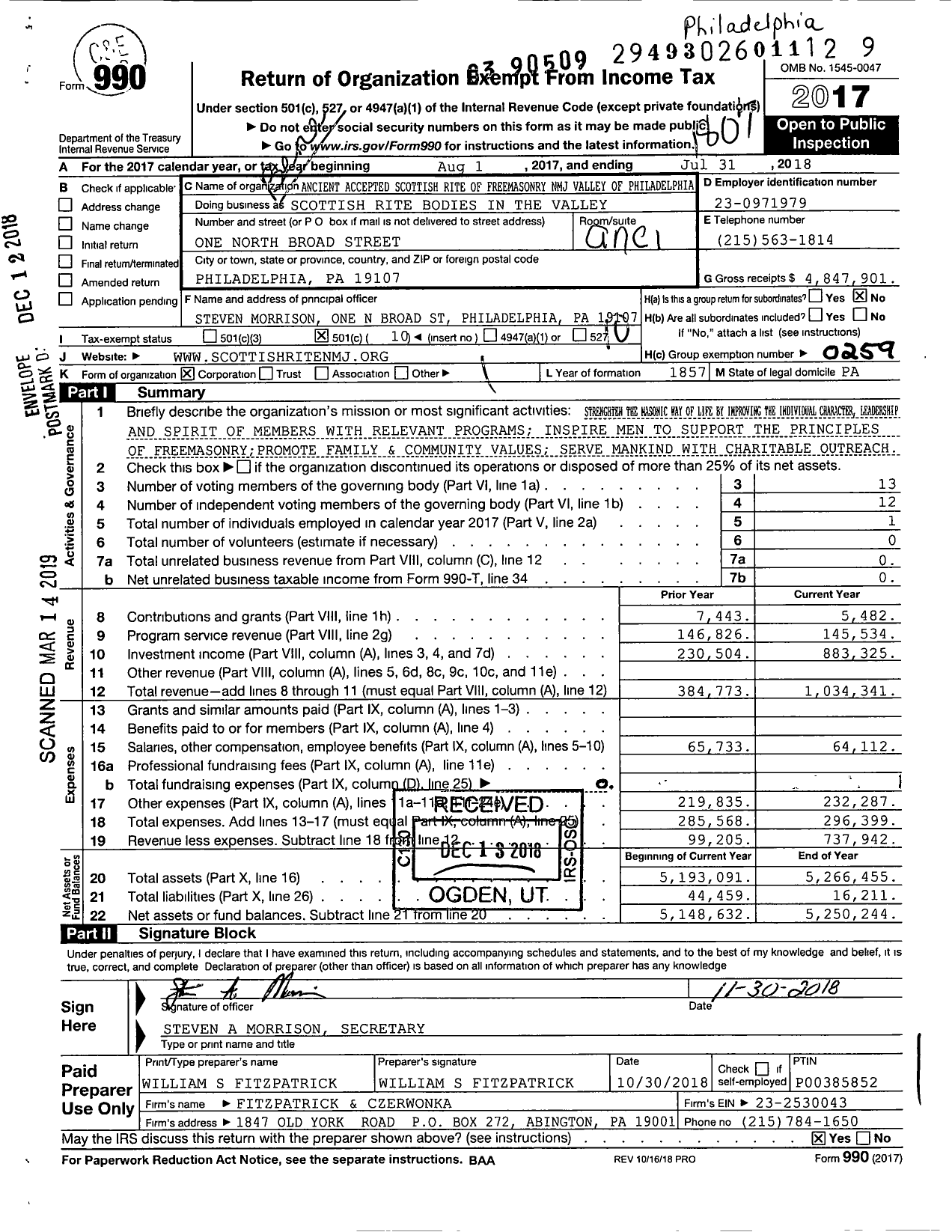 Image of first page of 2017 Form 990O for Scottish Rite, NMJ - Valley Of Philadelphia