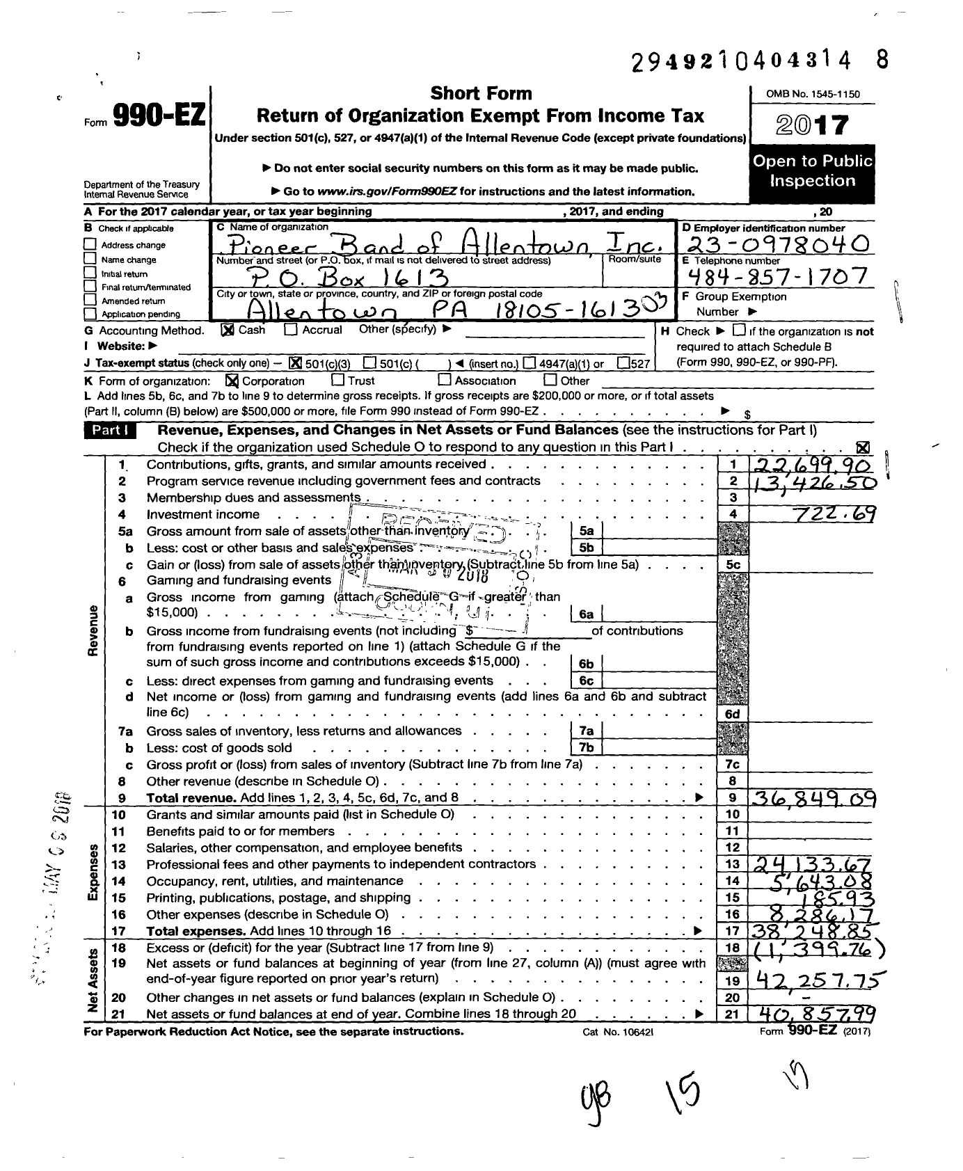 Image of first page of 2017 Form 990EZ for Pioneer Band