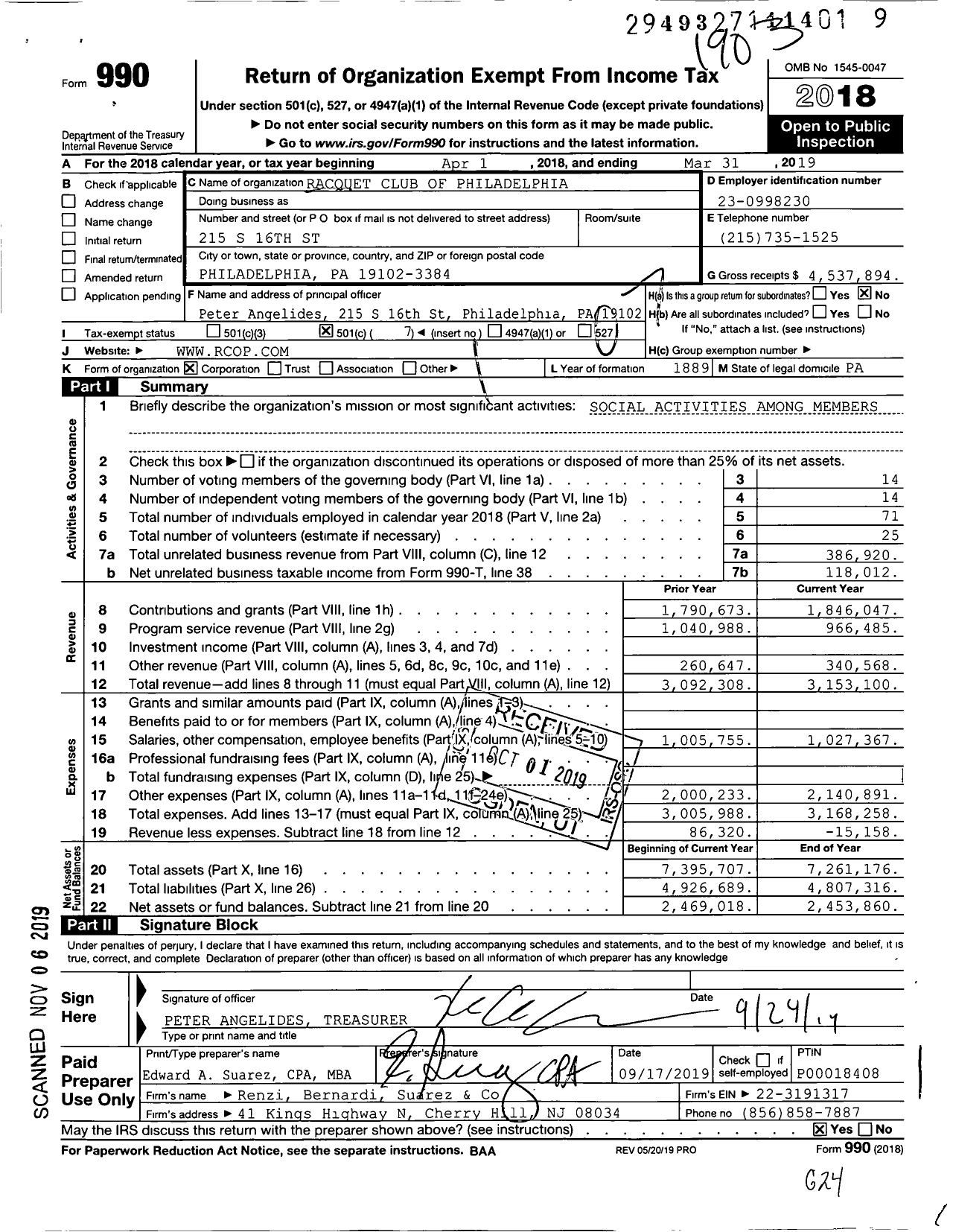 Image of first page of 2018 Form 990O for Racquet Club of Philadelphia