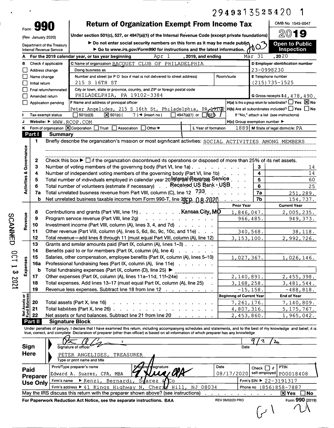 Image of first page of 2019 Form 990O for Racquet Club of Philadelphia