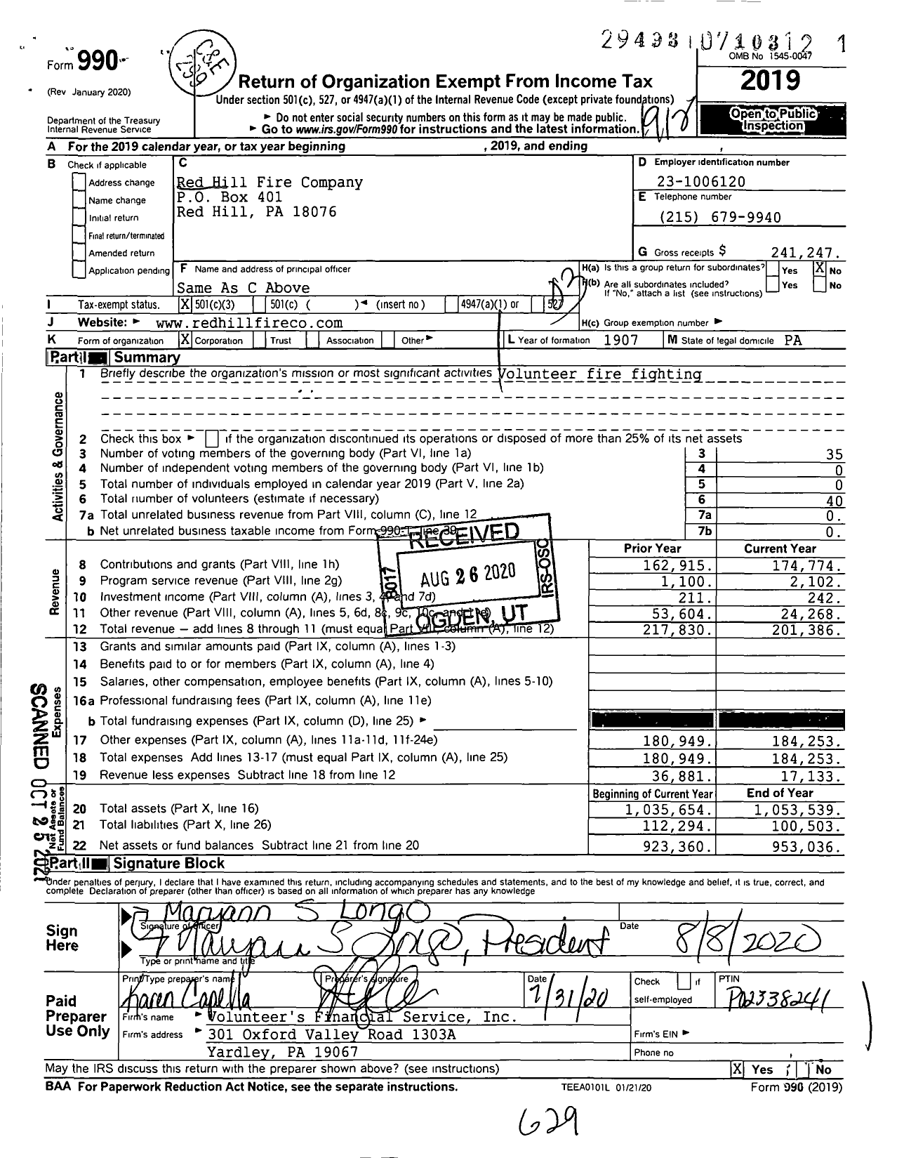 Image of first page of 2019 Form 990 for Red Hill Fire Company