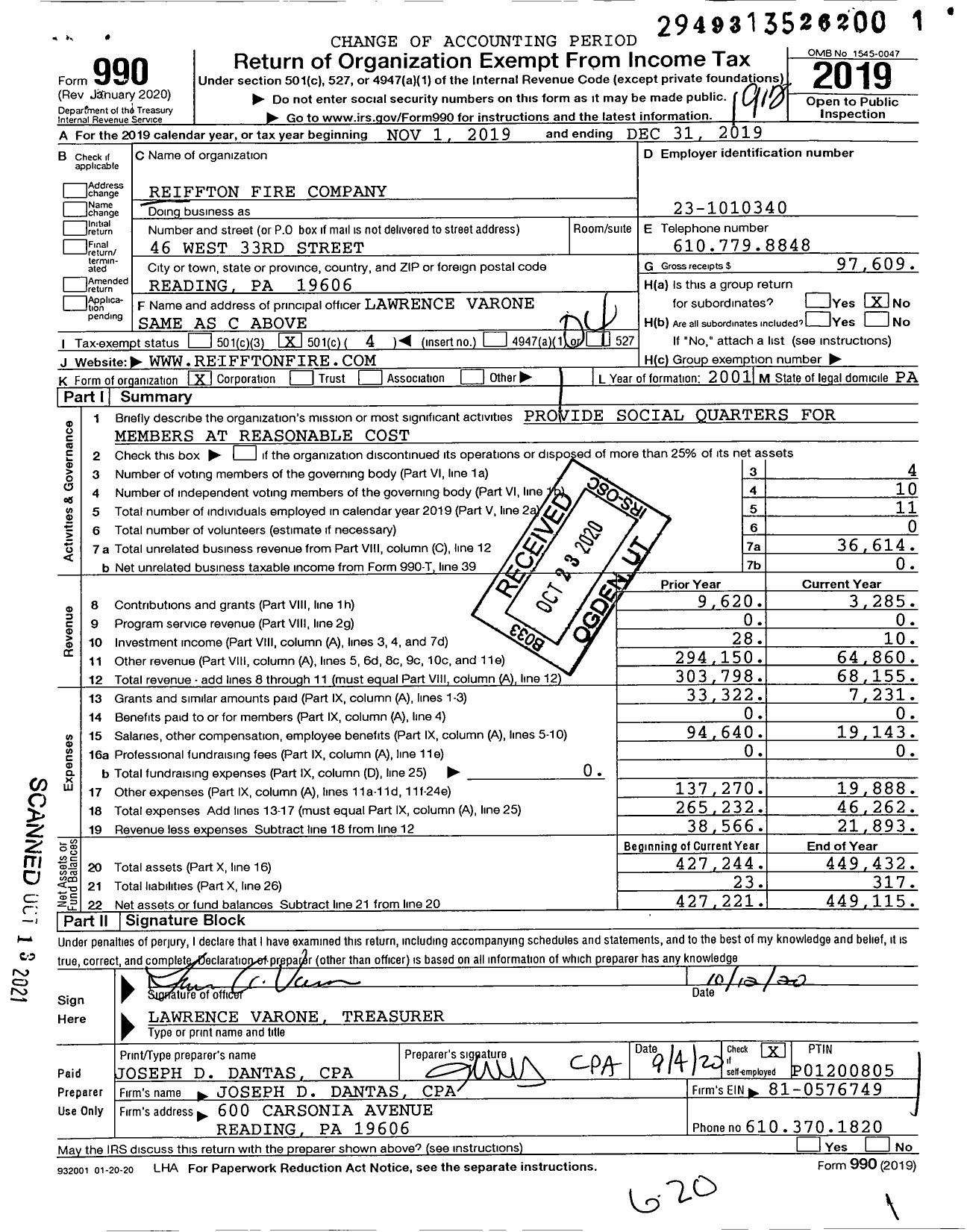 Image of first page of 2019 Form 990O for Reiffton Fire Company