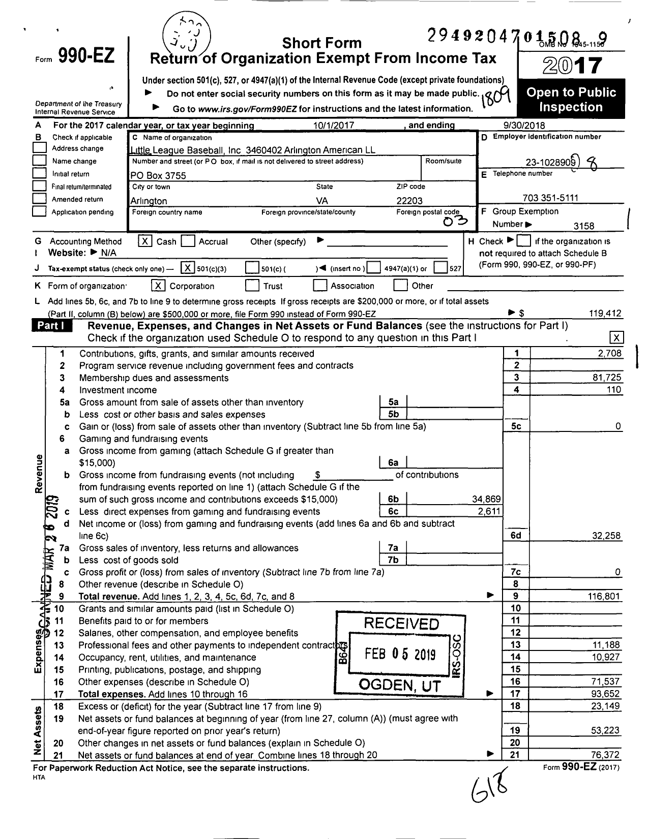 Image of first page of 2017 Form 990EZ for Little League Baseball 3460402 Arlington American LL