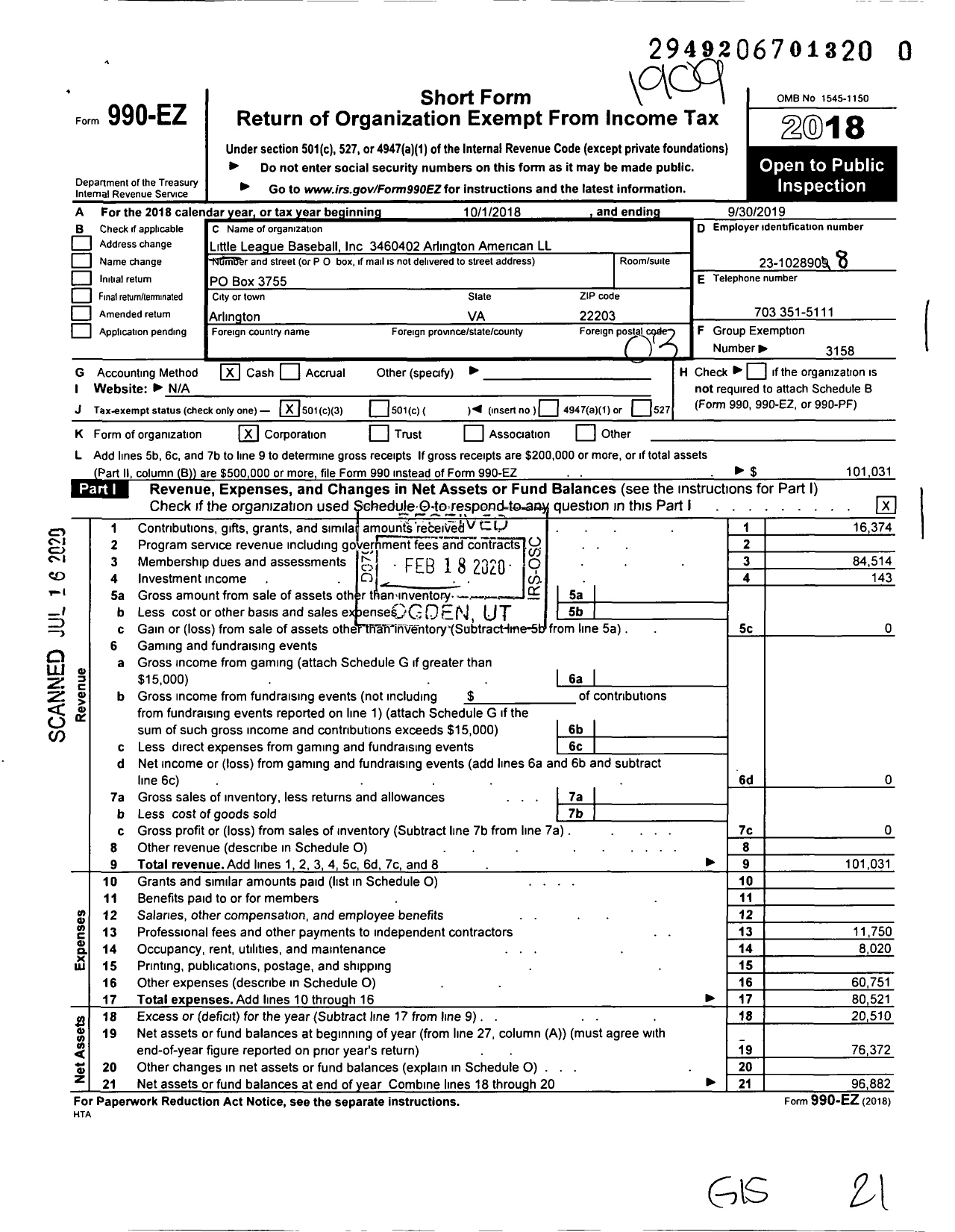 Image of first page of 2018 Form 990EZ for Little League Baseball 3460402 Arlington American LL