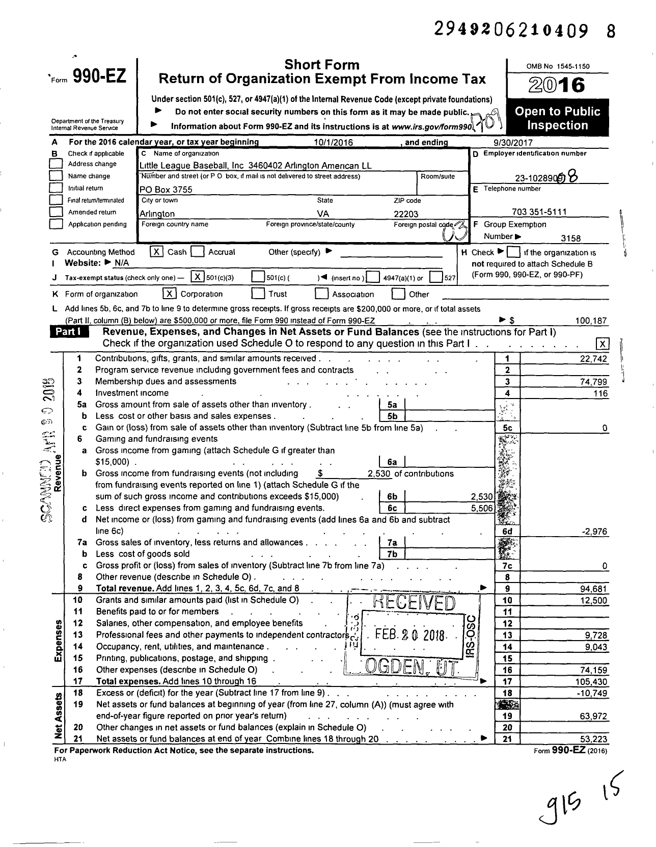 Image of first page of 2016 Form 990EZ for Little League Baseball 3460402 Arlington American LL