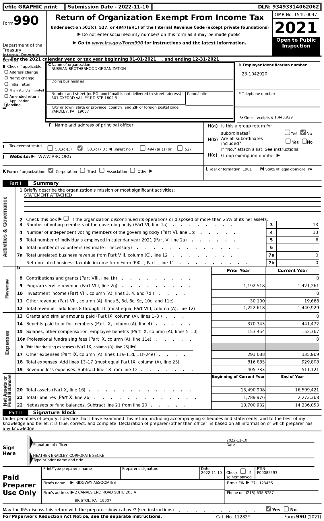 Image of first page of 2021 Form 990 for Russian Brotherhood Organization