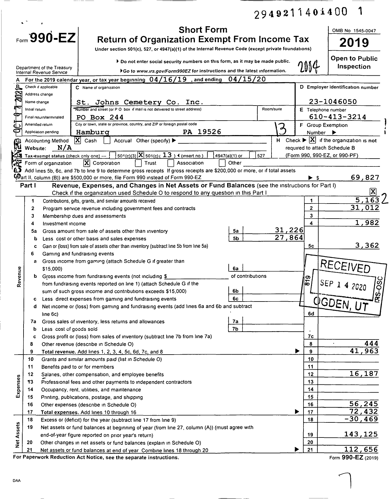 Image of first page of 2019 Form 990EO for St Johns Cemetery