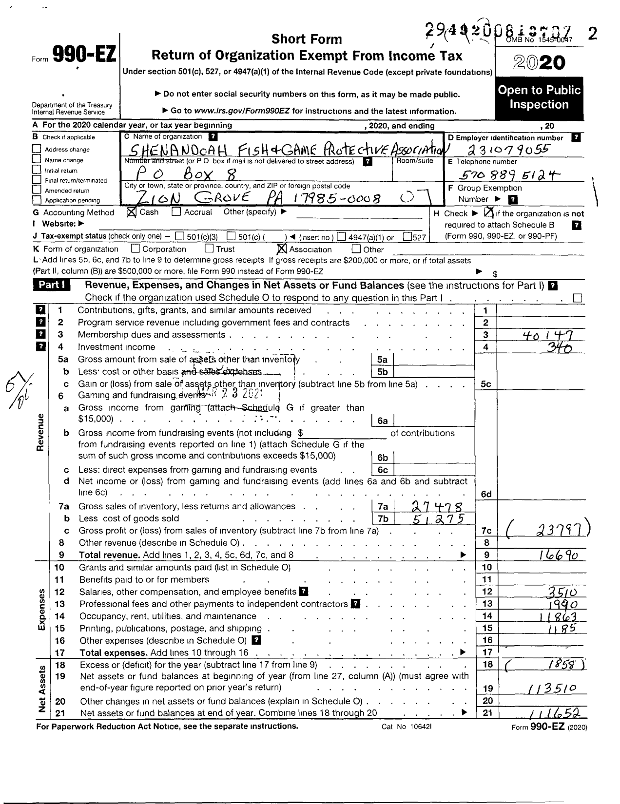 Image of first page of 2020 Form 990EO for Shenandoah Fish and Game Protective Association