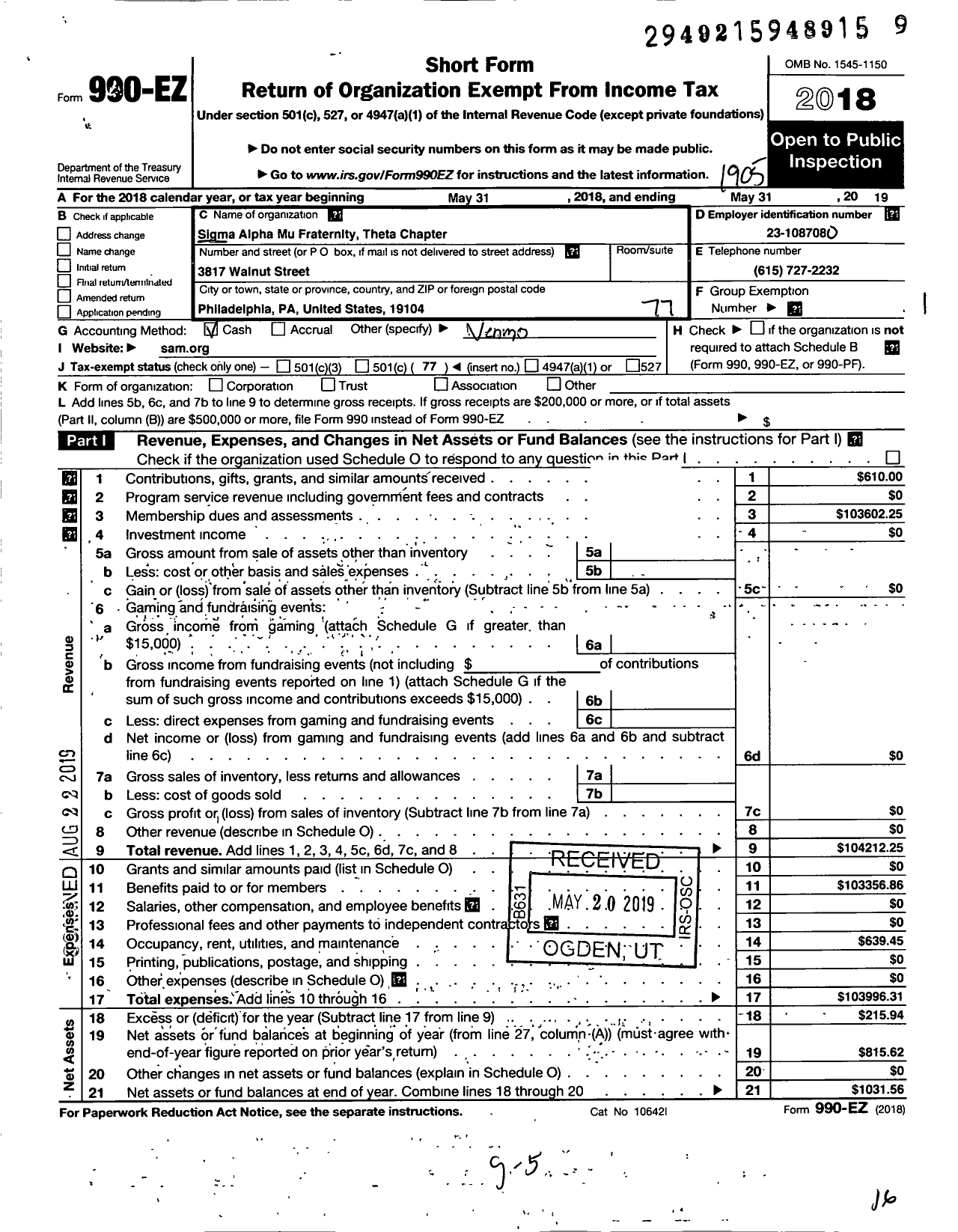 Image of first page of 2018 Form 990EO for Sigma Alpha Mu Fraternity Theta Chapter