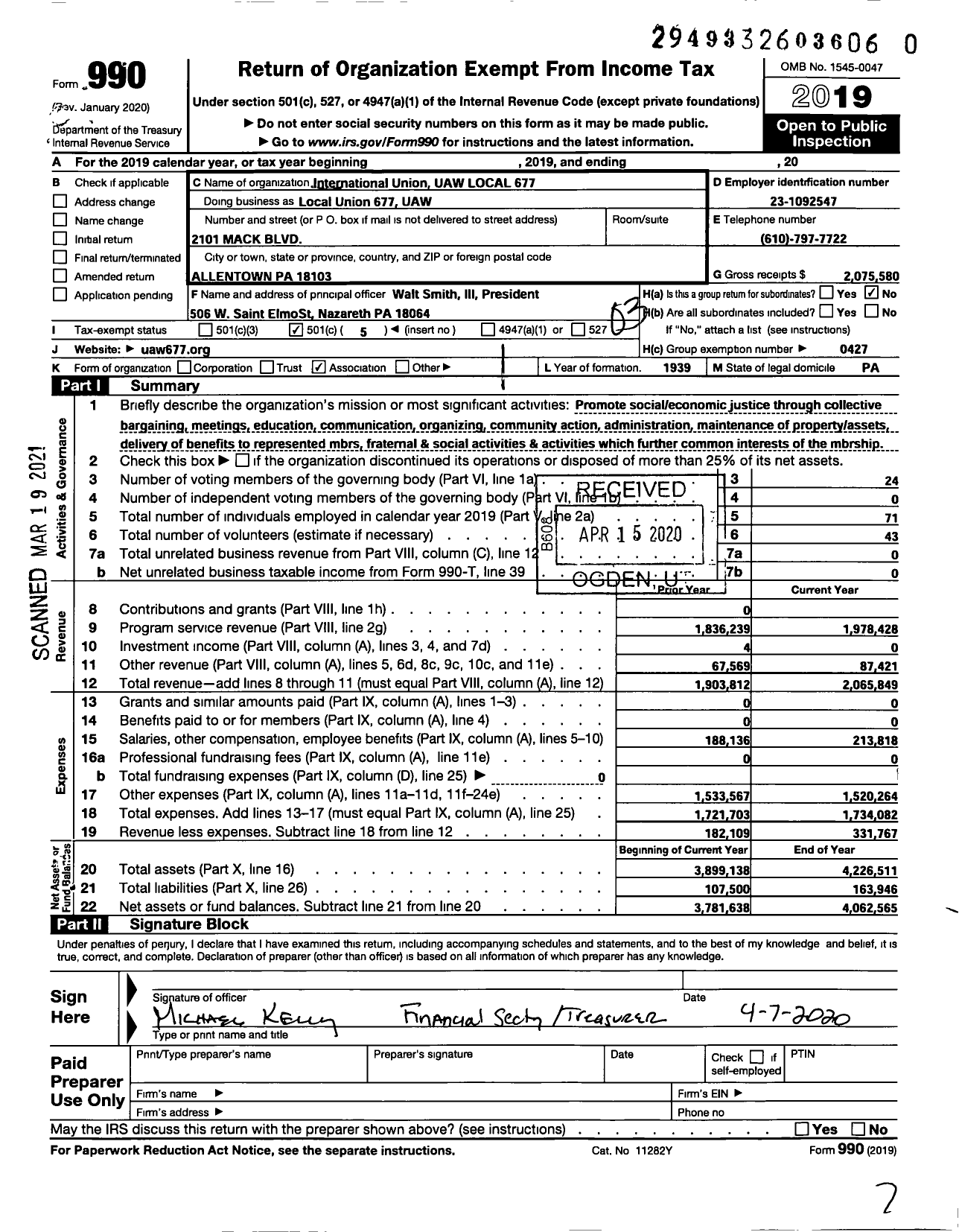 Image of first page of 2019 Form 990 for UAW - Local Union 677 UAW