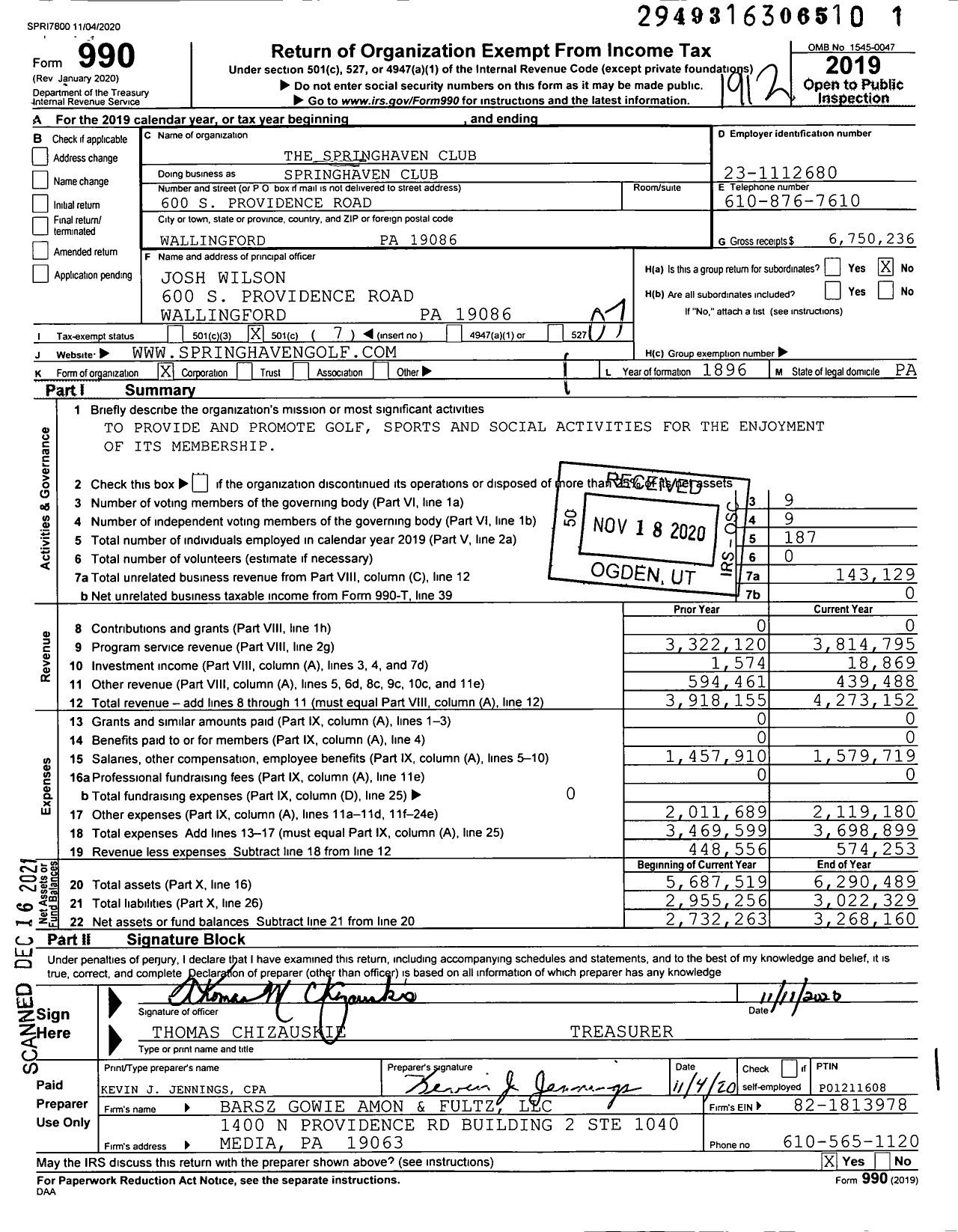 Image of first page of 2019 Form 990O for The Springhaven Club