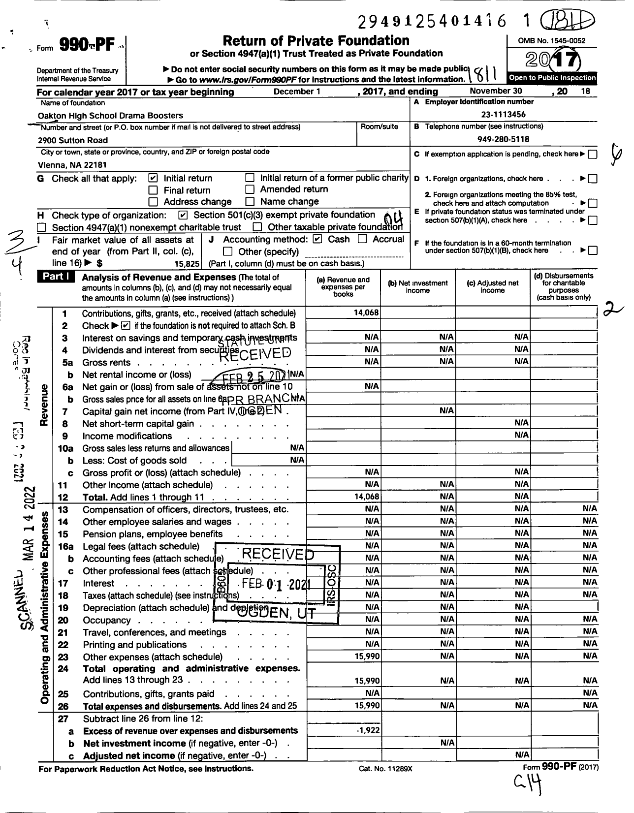 Image of first page of 2017 Form 990PF for Oakton High School Drama Boosters