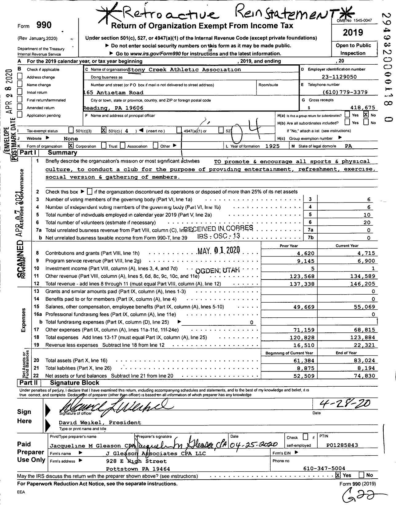 Image of first page of 2019 Form 990O for Stony Creek Athletic Association