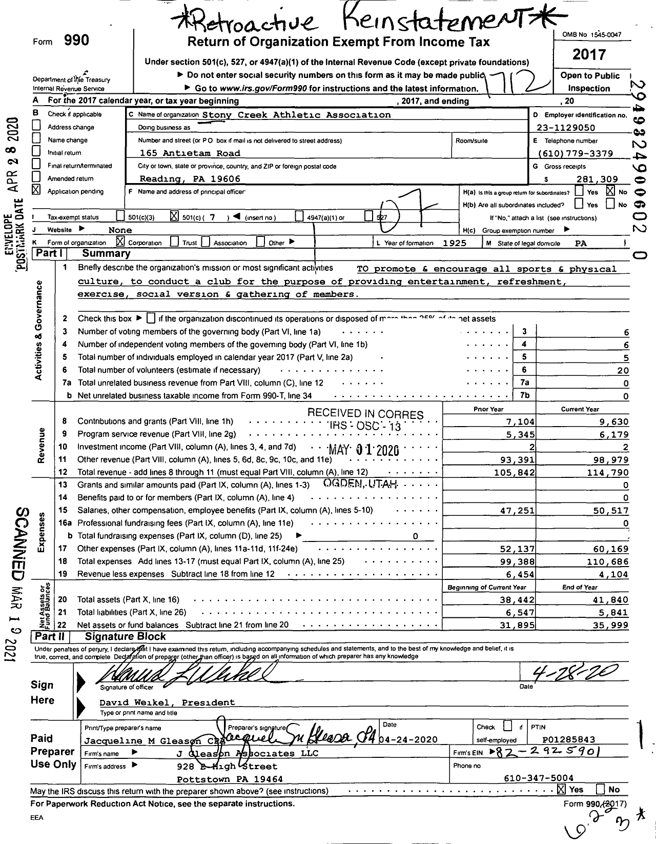 Image of first page of 2017 Form 990O for Stony Creek Athletic Association