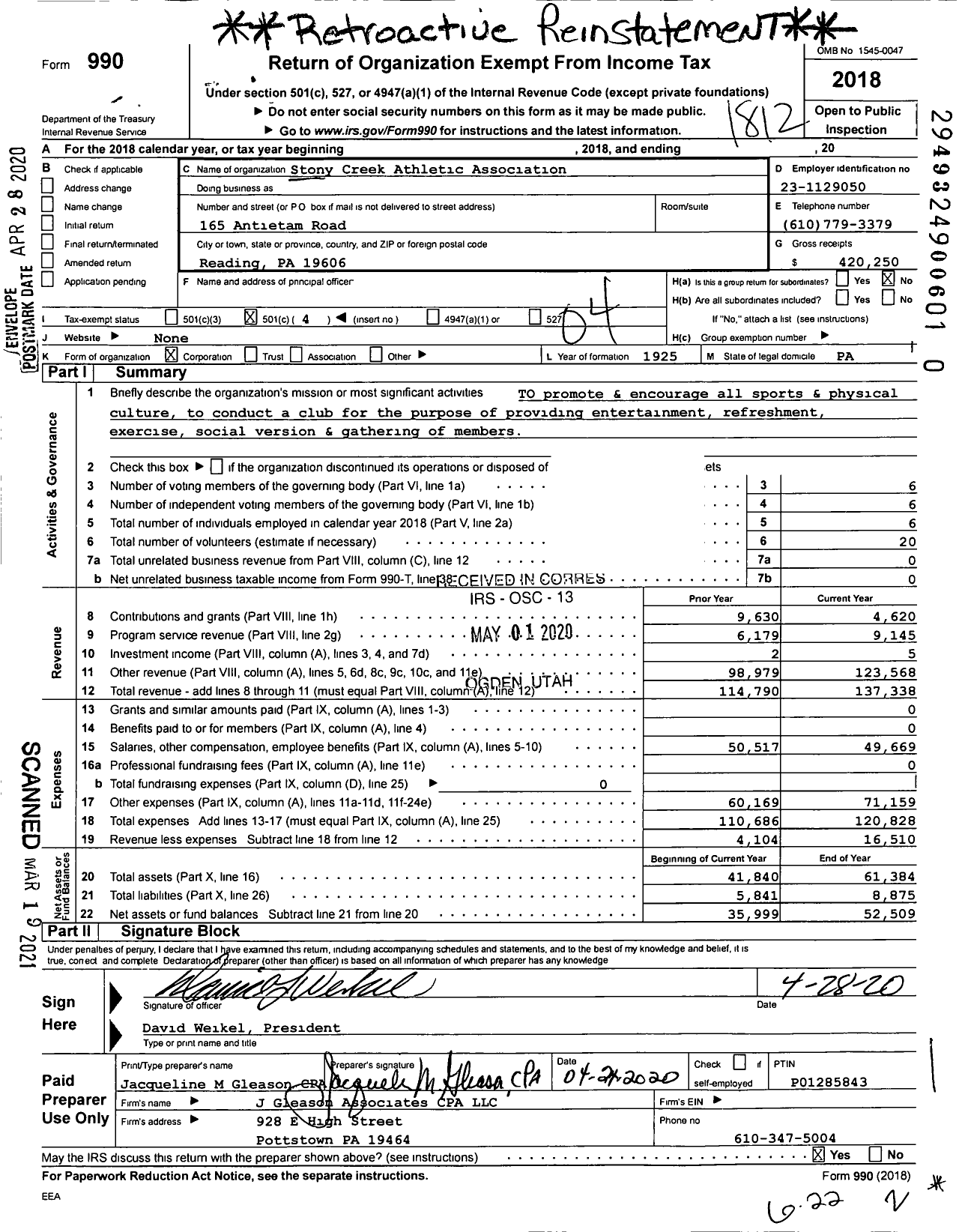 Image of first page of 2018 Form 990O for Stony Creek Athletic Association