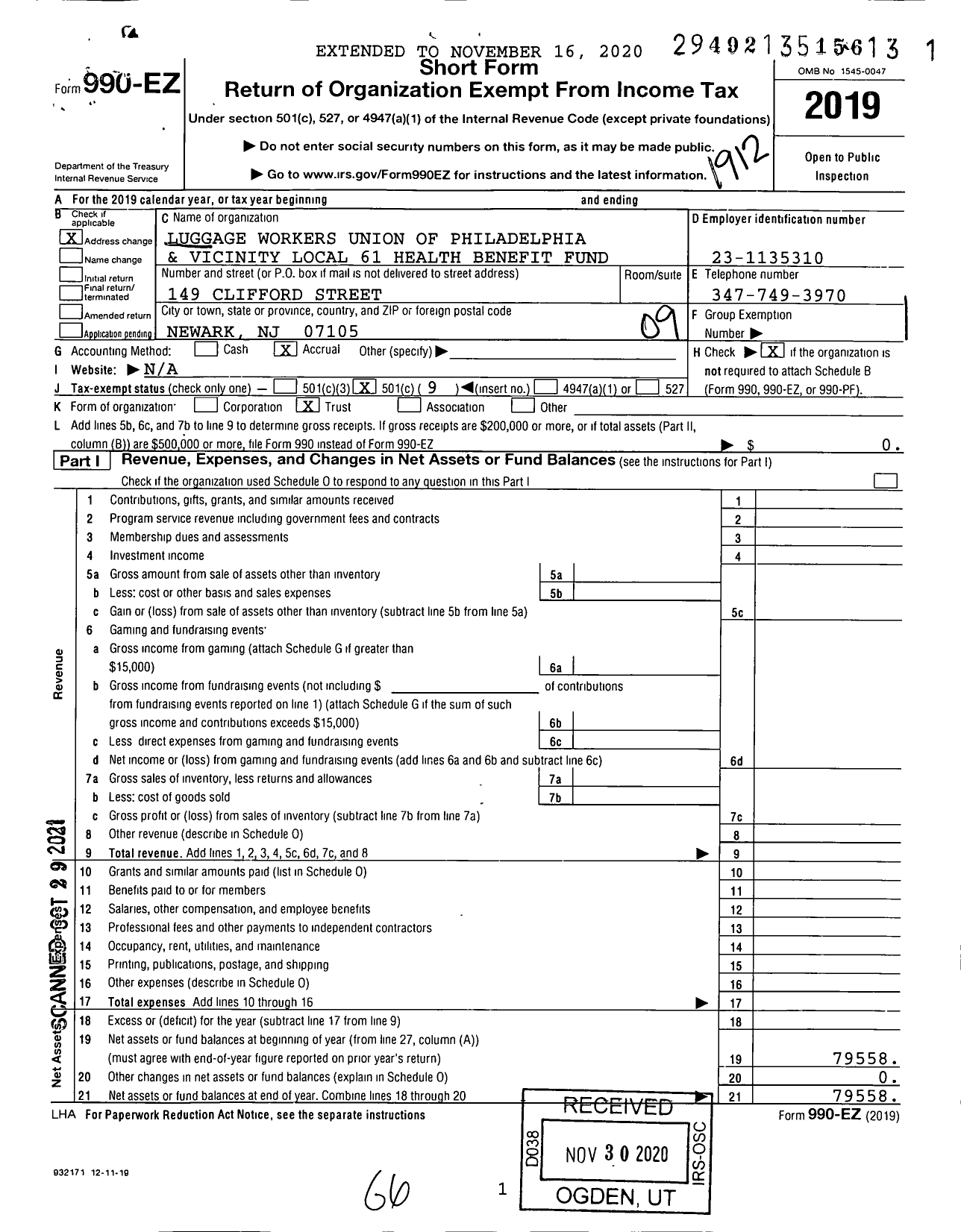 Image of first page of 2019 Form 990EO for Luggage Workers Union of Philadelphia and Vicinity Local 61 Health Benefit Fund