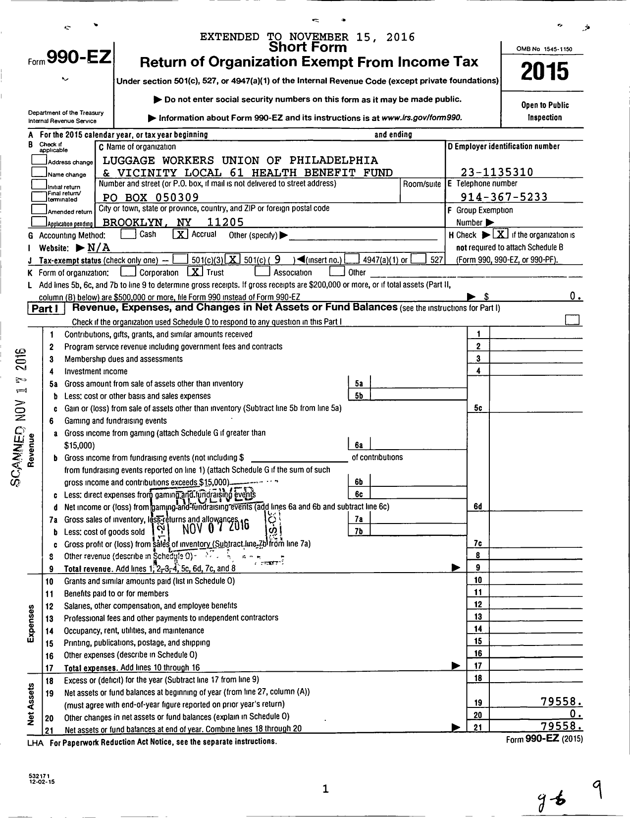 Image of first page of 2015 Form 990EO for Luggage Workers Union of Philadelphia and Vicinity Local 61 Health Benefit Fund