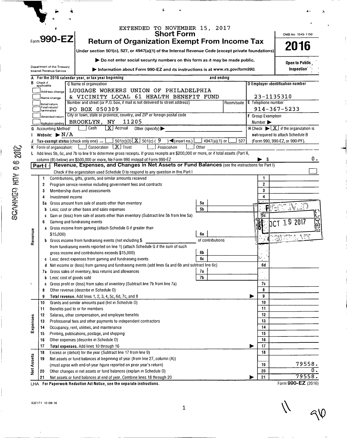 Image of first page of 2016 Form 990EO for Luggage Workers Union of Philadelphia and Vicinity Local 61 Health Benefit Fund