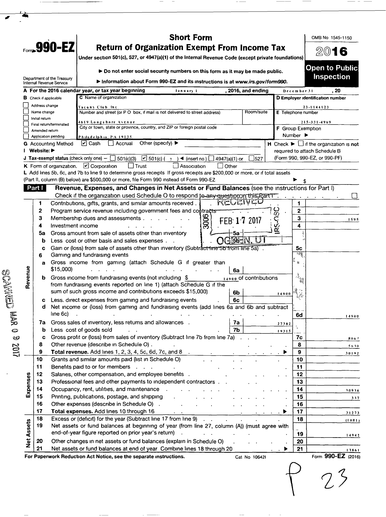 Image of first page of 2016 Form 990EO for Tacony Club