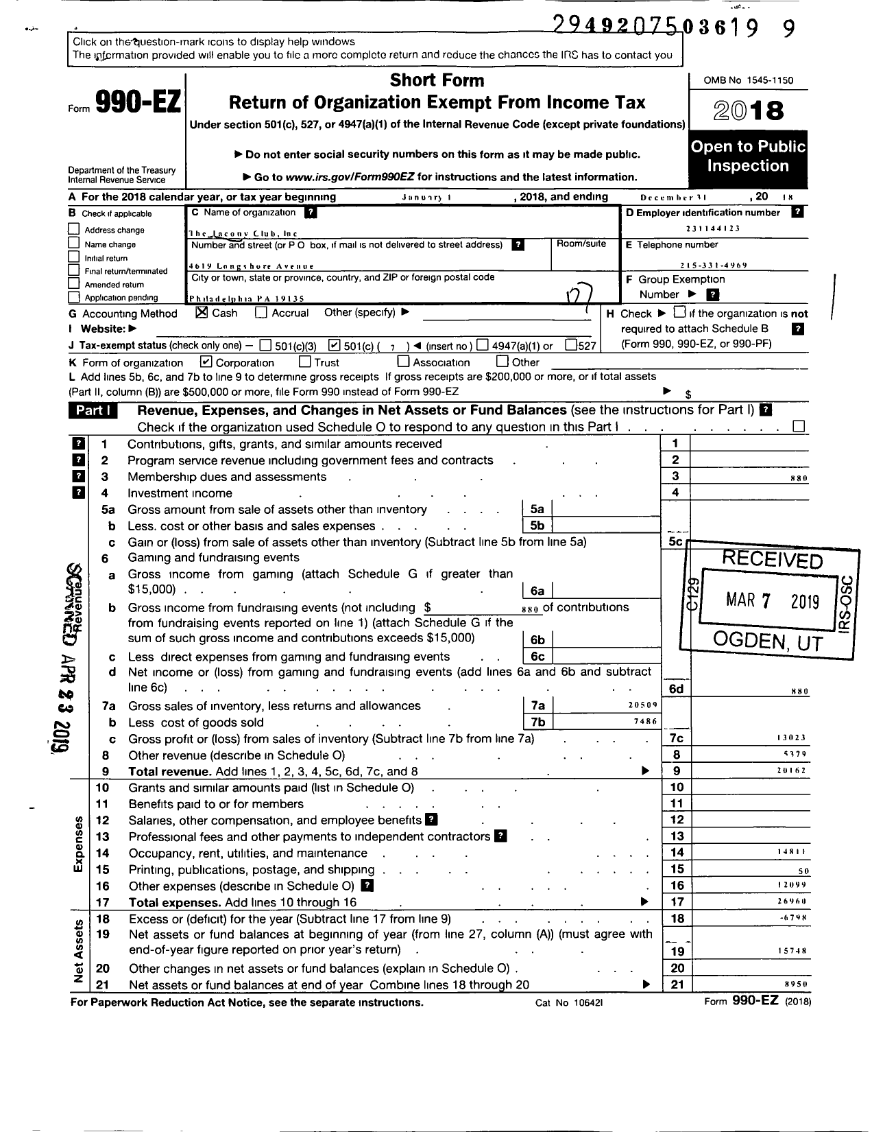 Image of first page of 2018 Form 990EO for Tacony Club