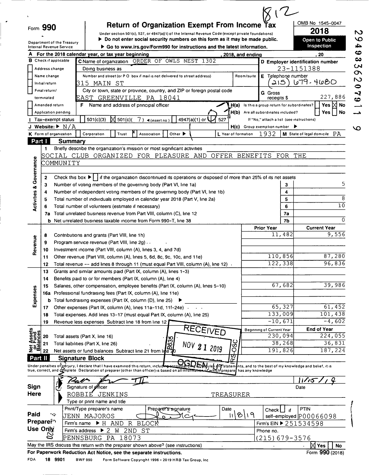 Image of first page of 2018 Form 990O for Order of Owls Nest 1302